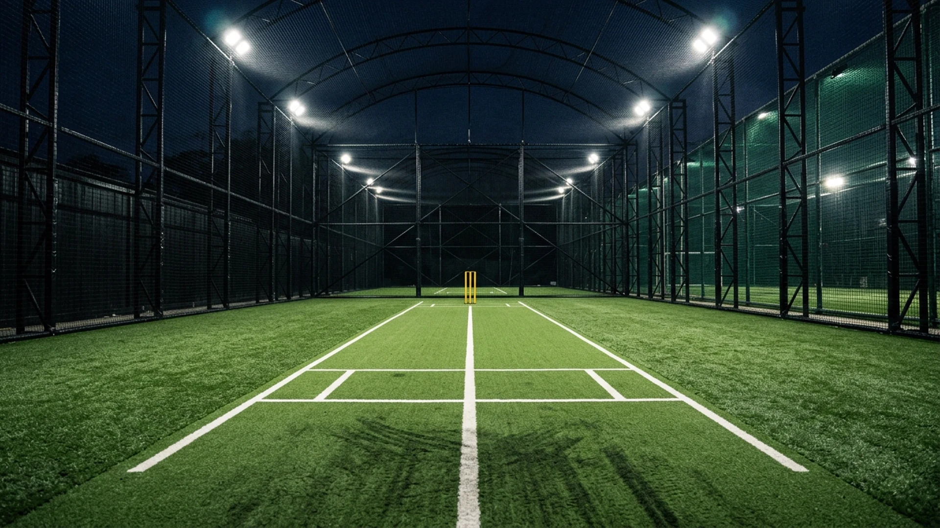 Enclosed box cricket turf pitch and wickets under brilliant floodlights