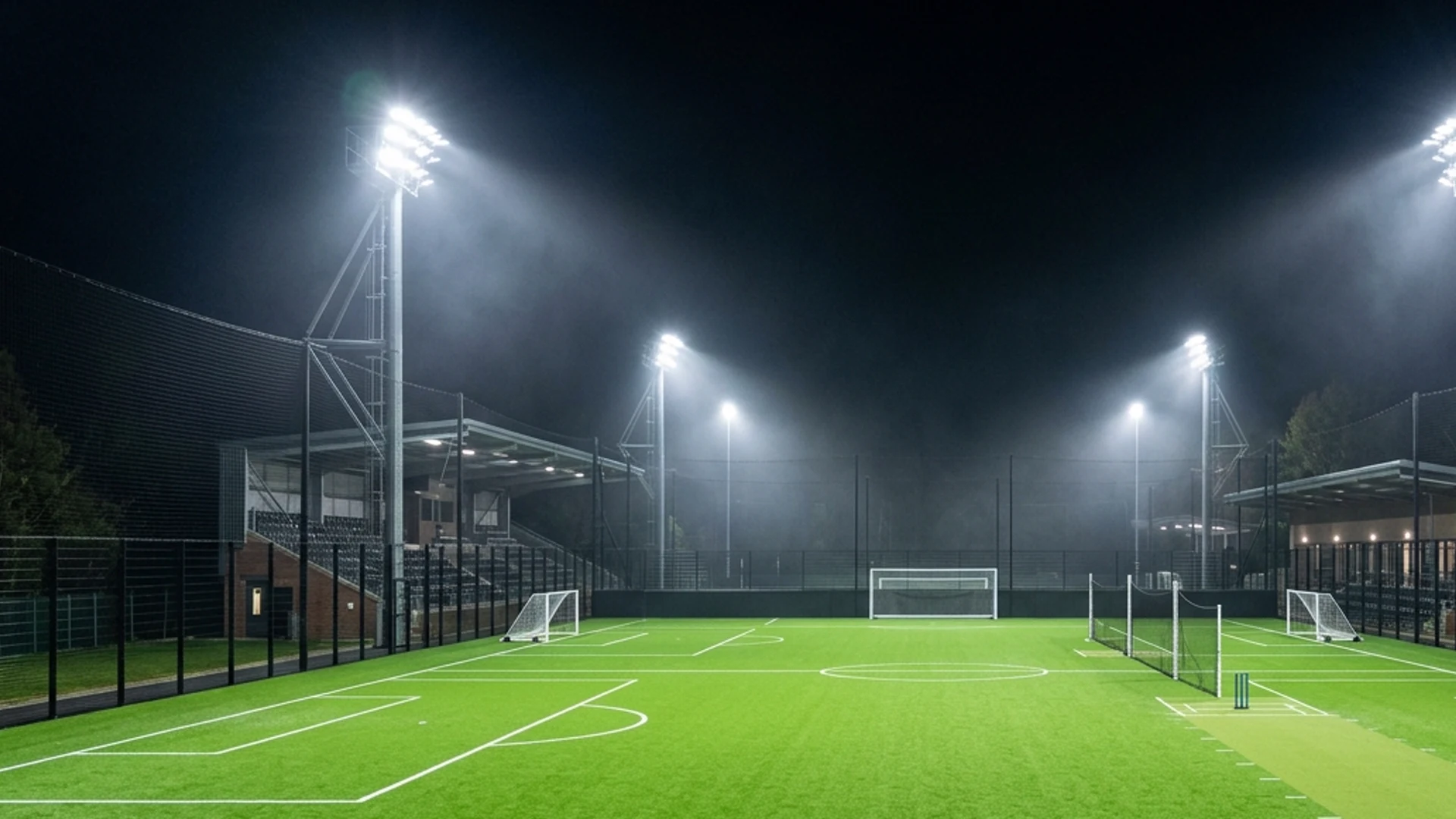 High-lumen stadium LED floodlight towers illuminating the sports turf