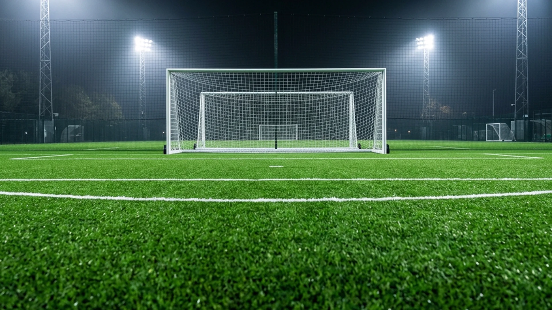 Lush green all-weather turf fibers and boundary pitch lines at night